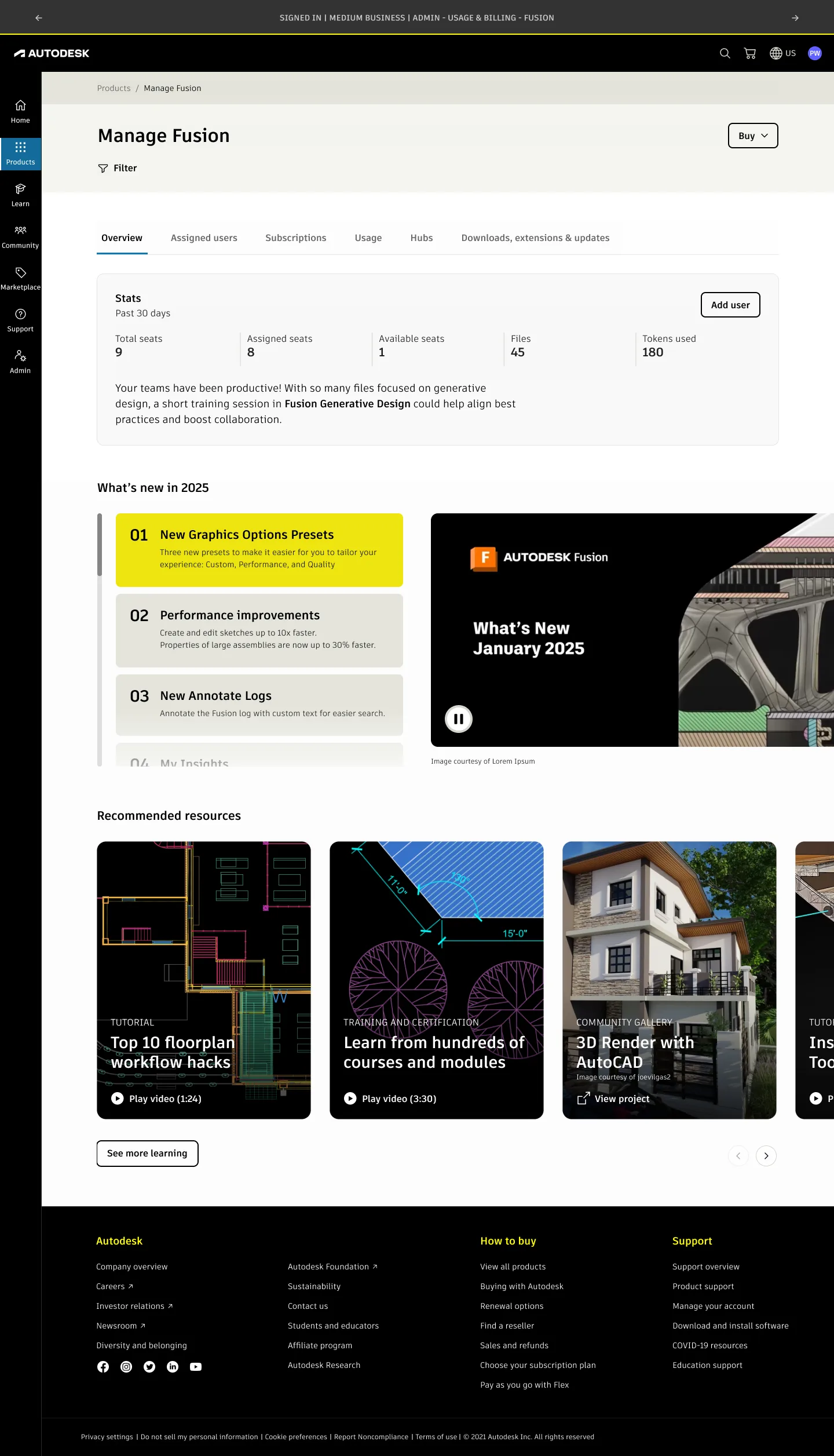Account 3.0 product overview concept for Fusion with usage statistics, product updates, and recommended learning resources.