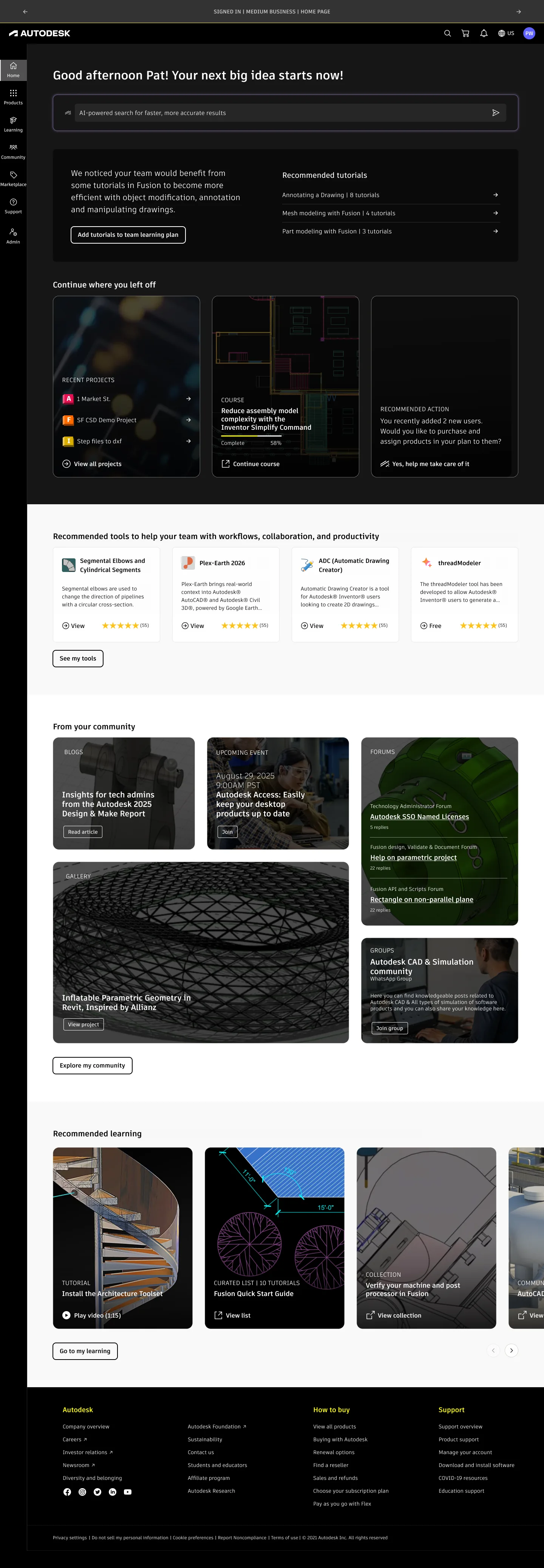 Account 3.0 personalized homepage concept showing recommended tutorials, recent projects, tools, community activity, and learning.