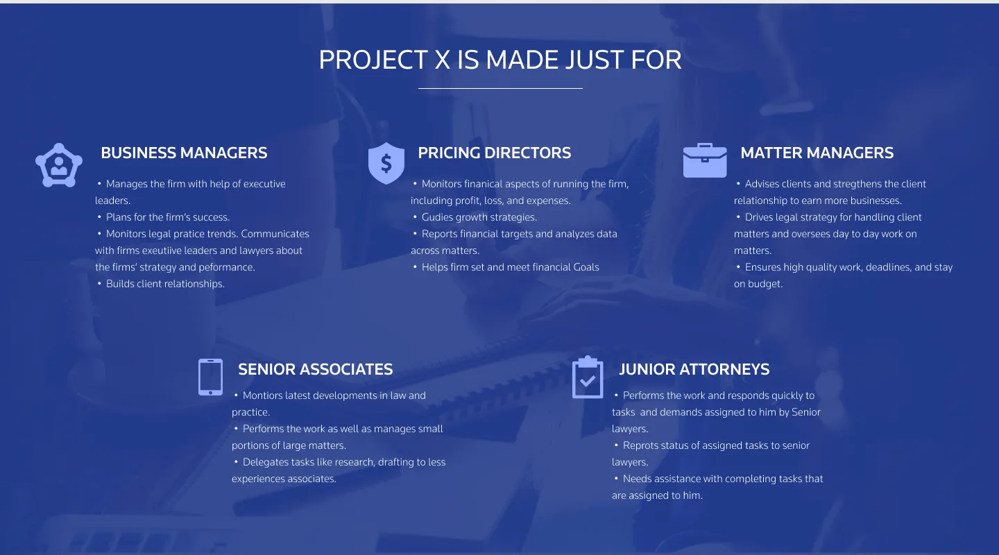 Project X user roles spanning business managers, pricing directors, matter managers, and attorneys.