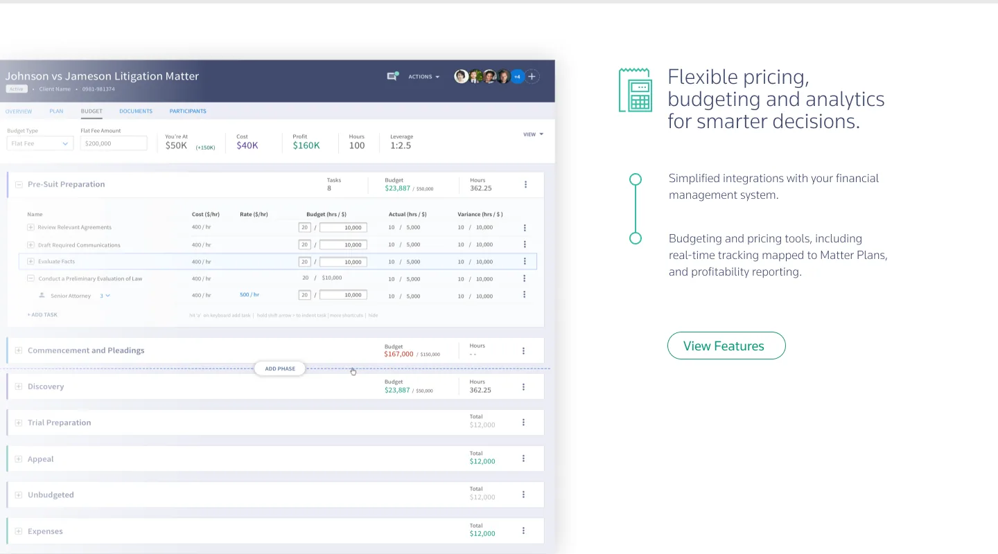 Project X budgeting interface supporting pricing and financial analytics.