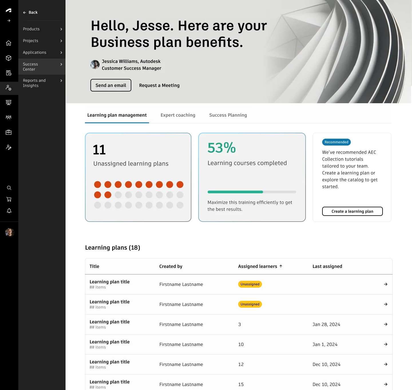 High-fidelity learning-plan management experience showing unassigned plans, course completion, recommendations, and a table of learning plans