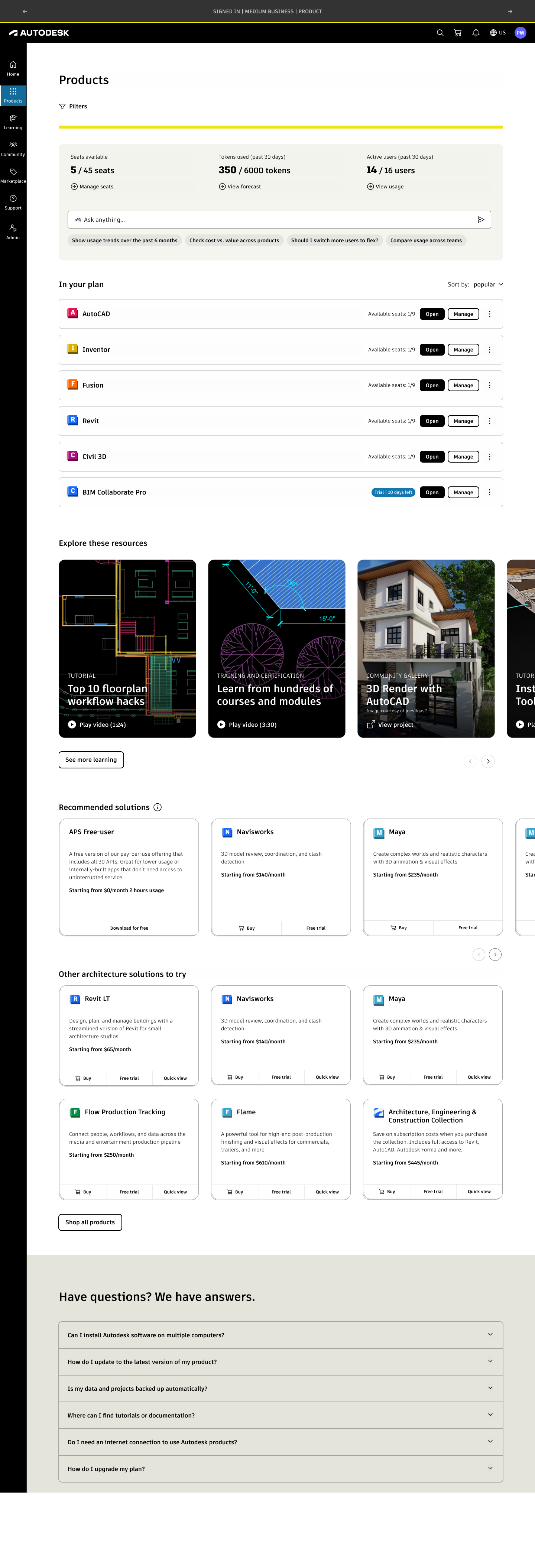 Account 3.0 products page concept showing seat and token usage, an AI prompt, owned products, resources, and recommended solutions.