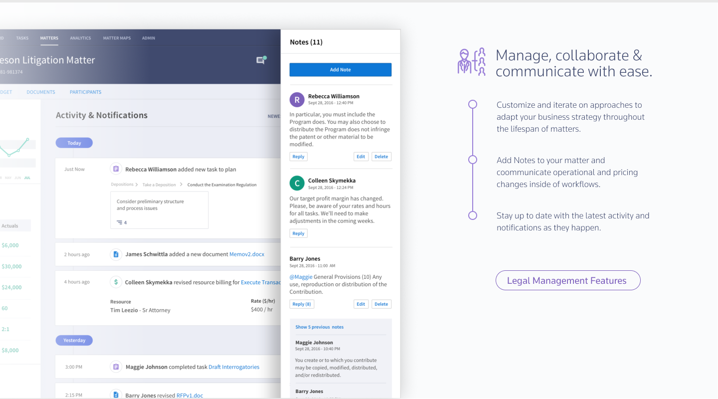 Project X activity and notes interface supporting legal matter collaboration.