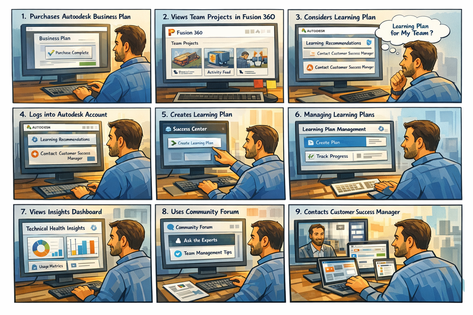 Nine-panel customer storyboard showing a technology manager purchasing a Business Plan, creating and managing learning plans, reviewing insights, using community, and contacting a customer success manager