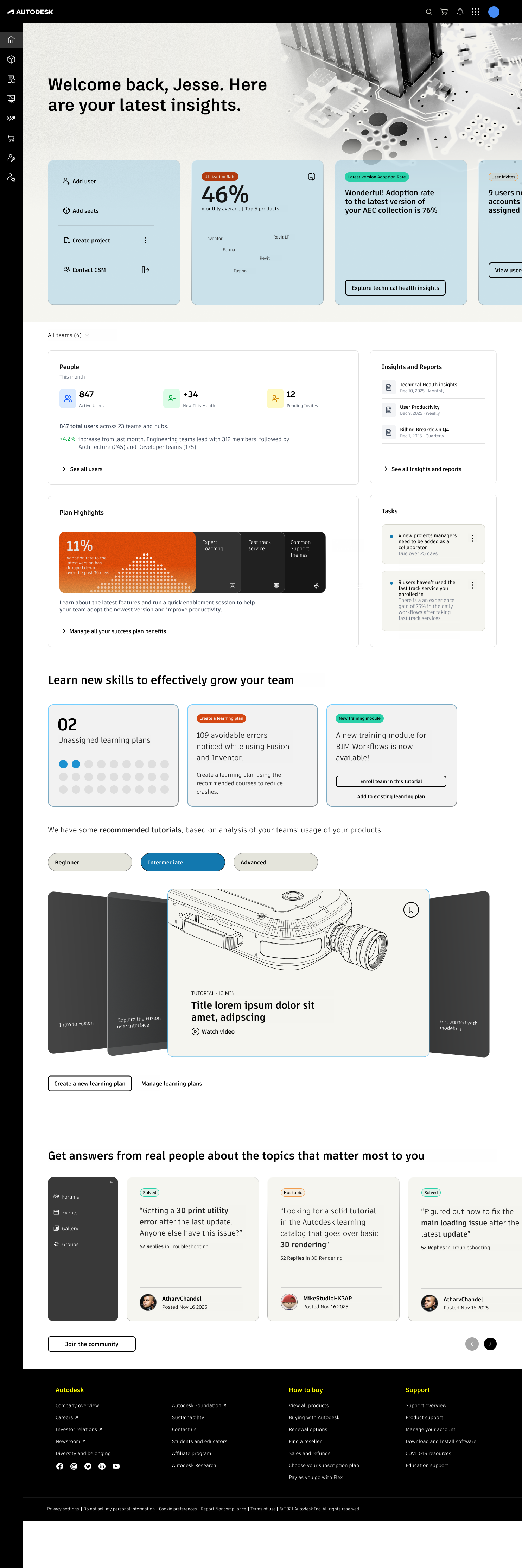 High-fidelity Autodesk signed-in homepage showing customer insights, user and spend summaries, success-plan highlights, learning recommendations, and community content